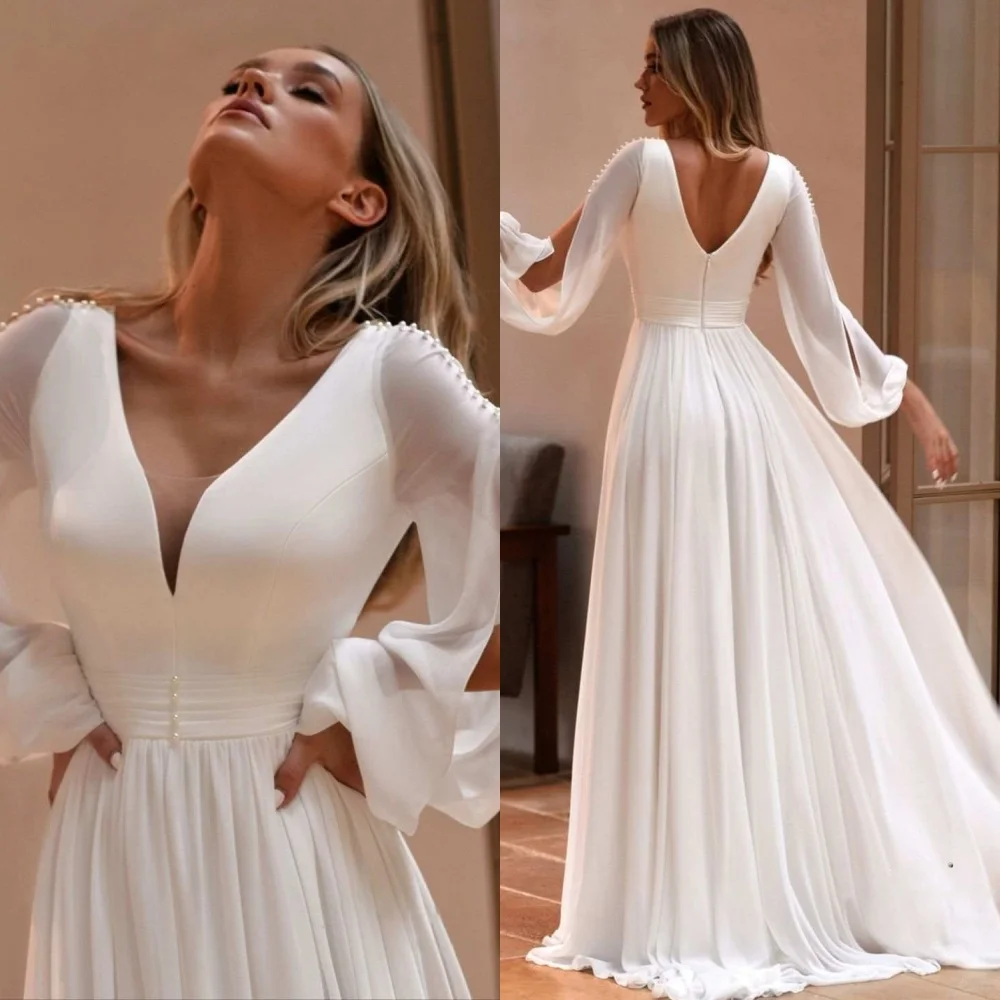 

Customized Formal White Chiffon Evening Dress Modern V-Neck Long Sleeves Homecoming Dresses Sweep Train Special Occasion Gowns