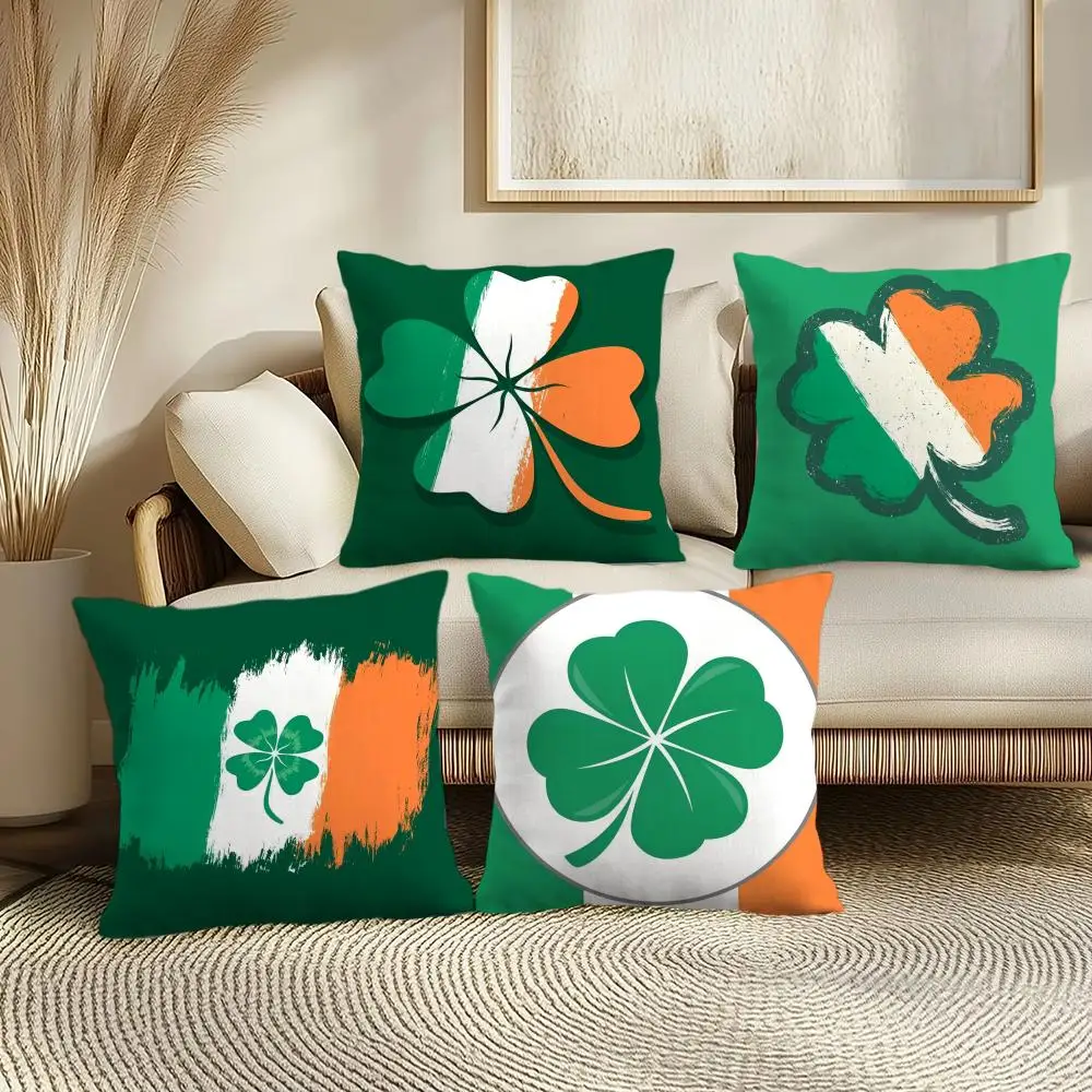 Irish Flag with Four Leaf Clover Cushion Cover Soft Plush Throw Pillow Cover | Double-Sided Cushion Case | Cozy Sofa Home Decor