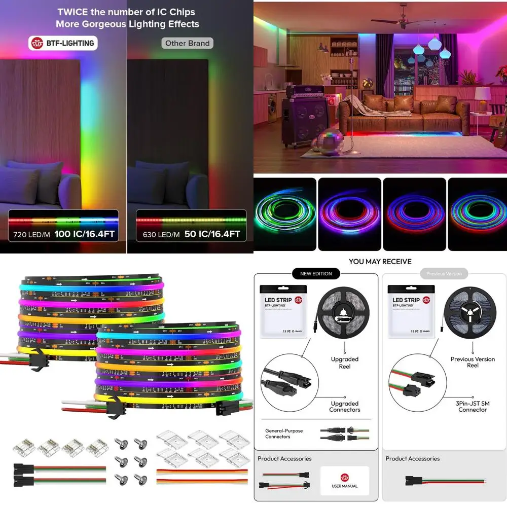 

Светодиодная лента RGB COB, 720 светодиодов/м, высокая плотность, равномерная подсветка, гибкая, 24В DC, ширина 12 мм, черная печатная плата, 32.8 T/20 IC/м, без.