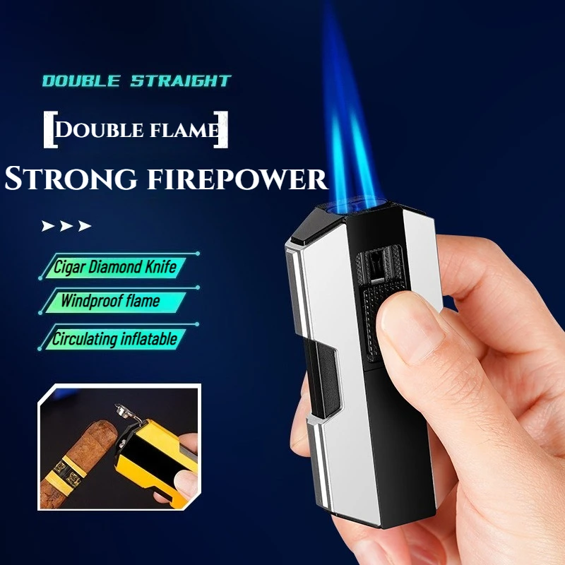 

New Double Direct Punch with Cigar Diamond Knife Inflatable Direct Punch Windproof Blue Flame Lighter Men's Smoking Accessories