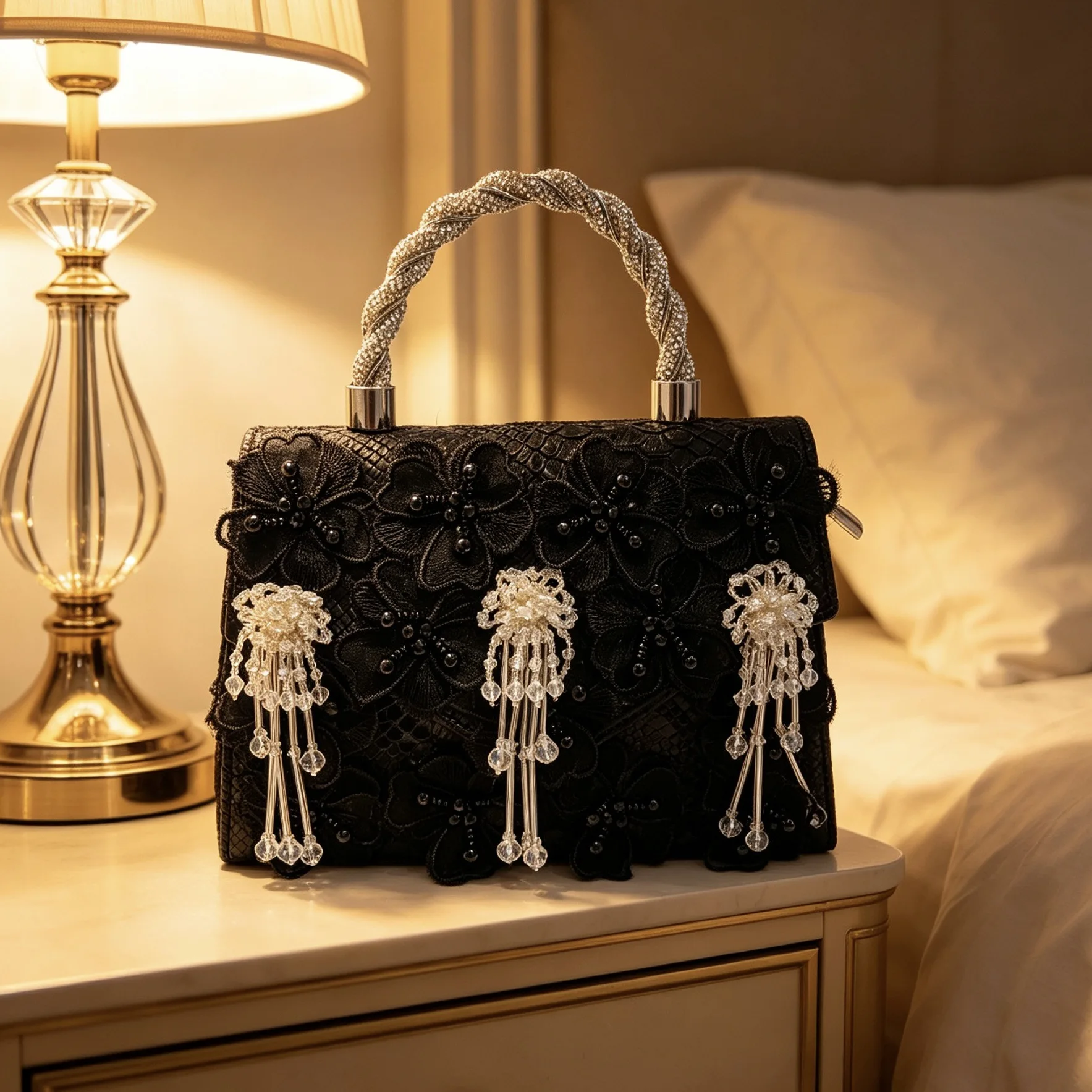 Handmade Pearl Crystal Lace Evening Bag Sweet Bead Fairy Tassel Flower Small Square Crossbody Handbag for Youth Casual Purse view 3