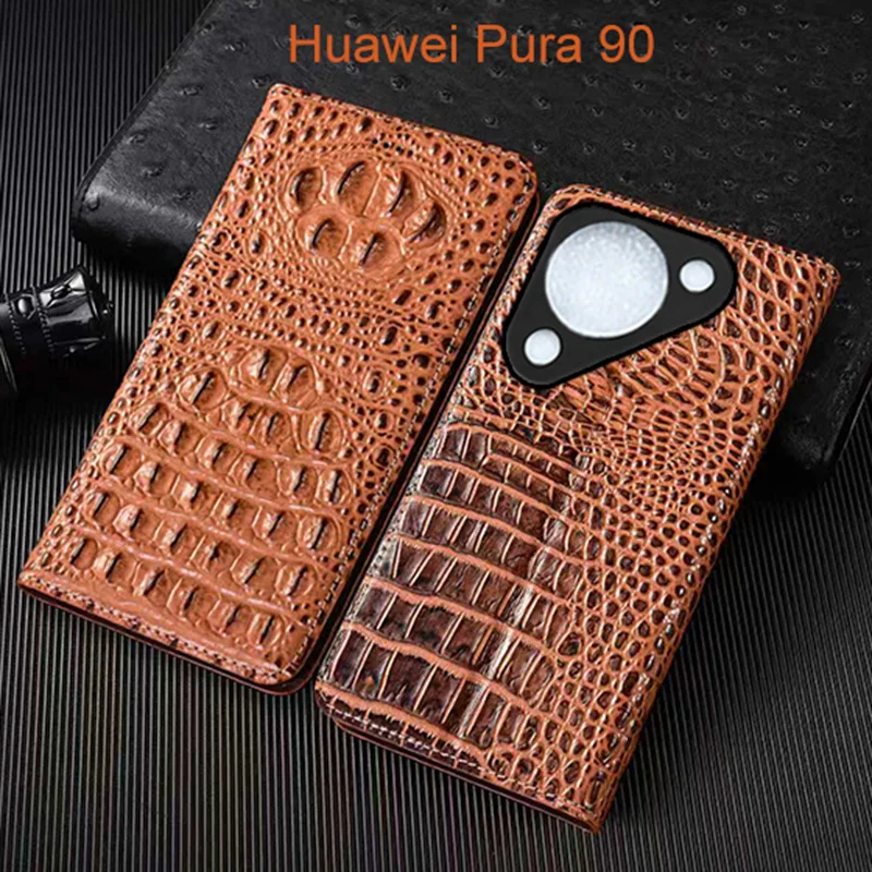 Crocodile Claw Genuine Leather Flip Case For Huawei Pura 90 Pro Max Phone Cover Card Cases Scratch Proof