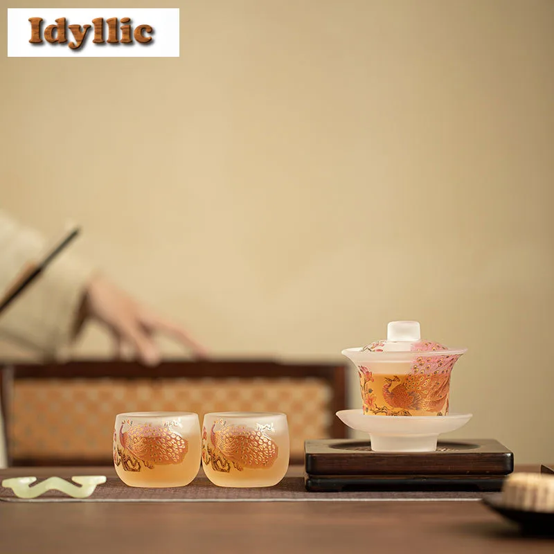 

Frosted Glass Hand Painted Peacock Tea Set Complete Set Elegant Tea Ceremony Set Teapot And Tea Cup Set Tableware Ornaments