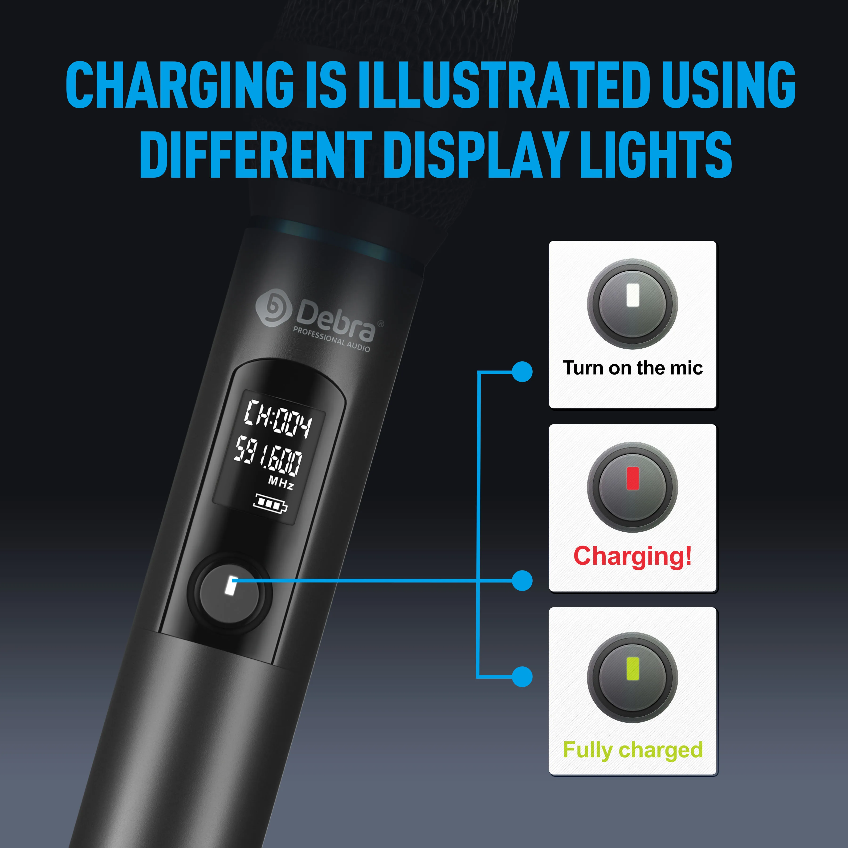 ميكروفون محمول لاسلكي من Debra UX-400 UHF ذو 4 قنوات، ميكروفون قابل لإعادة الشحن، مسافة نقل 80 مترًا، للمسرح والكاريوكي