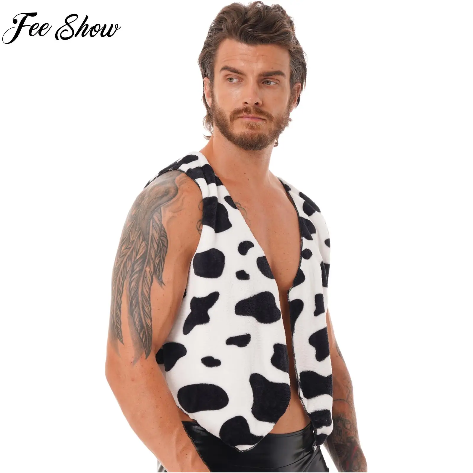 

Adults Mens Cow Print Vests Cowboy Cosplay Costumes Flannel Open Front V Neck Sleeveless Vest Waistcoat for Halloween Festival
