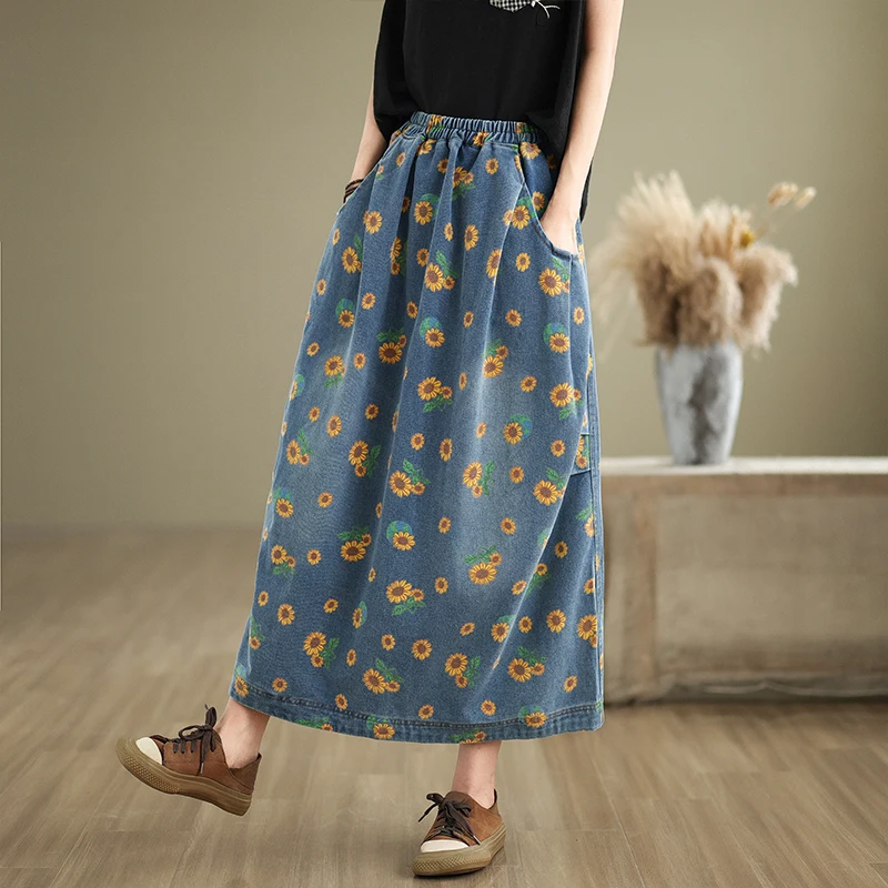 Losse denim rok met artistieke print, dames lente herfst plus maat afslankende knielange a-lijn katoenen lange rok