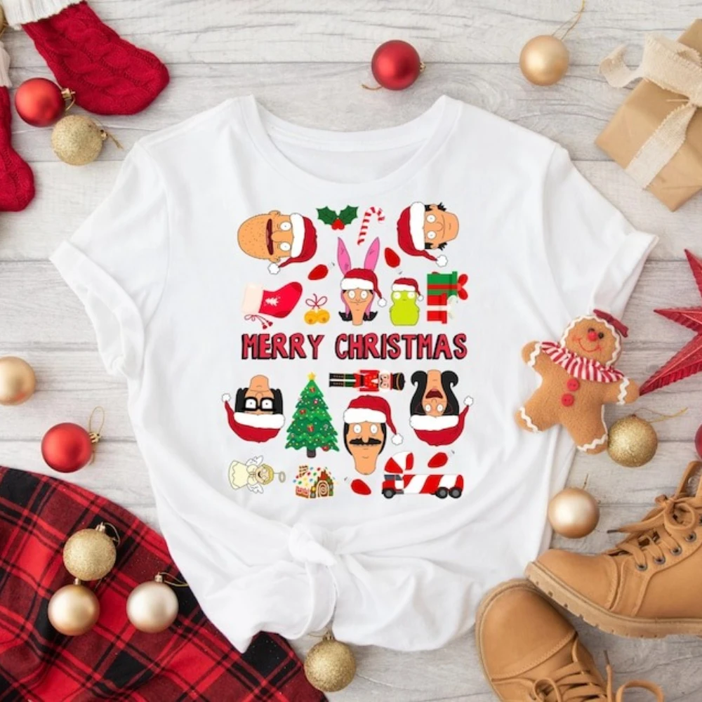 بوب برغر عيد ميلاد سعيد امرأة قميص مطبوع مضحك الكرتون تينا لويز بوب ليندا جين بيلشر تيدي عطلة القطن التي شيرت