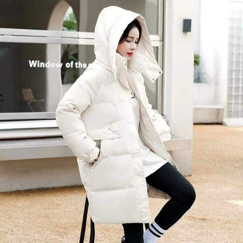 

2023 New Women Down Cotton Coat Winter Jacket Female Mid Length Version Parkas Loose Large Size Thick Outwear Hooded Overcoat