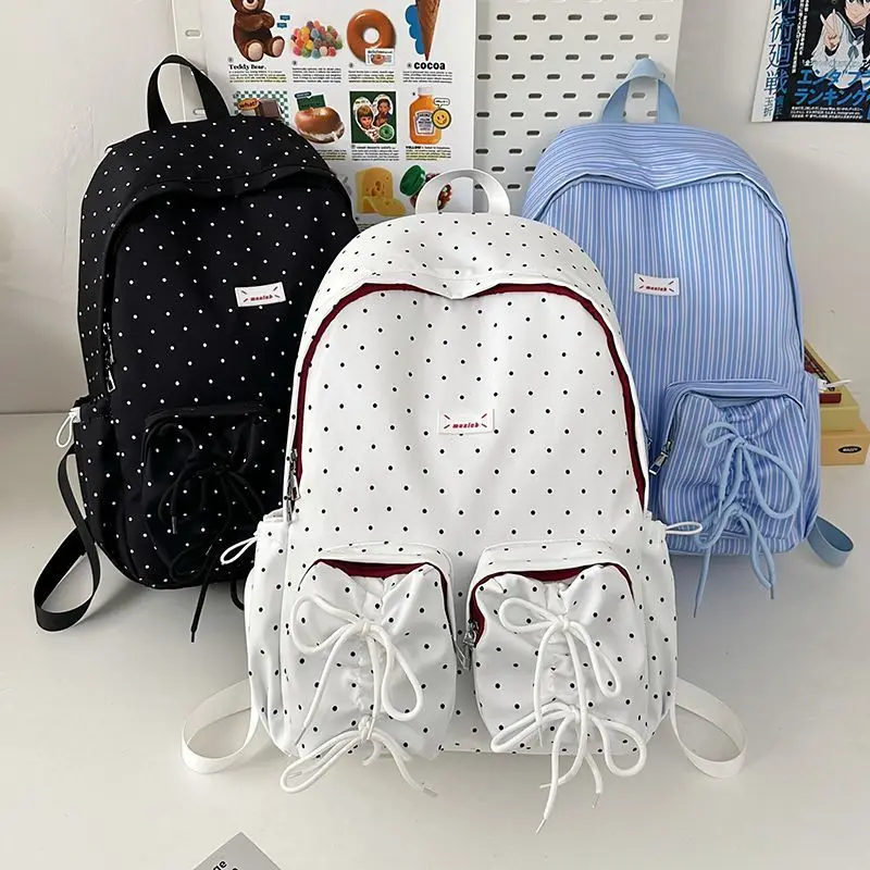 Stylish and Simple Polka Bow Tie Dot Stripe Large-capacity Backpack Student Schoolbag Travel Commuting Storage Bag Women's Bag