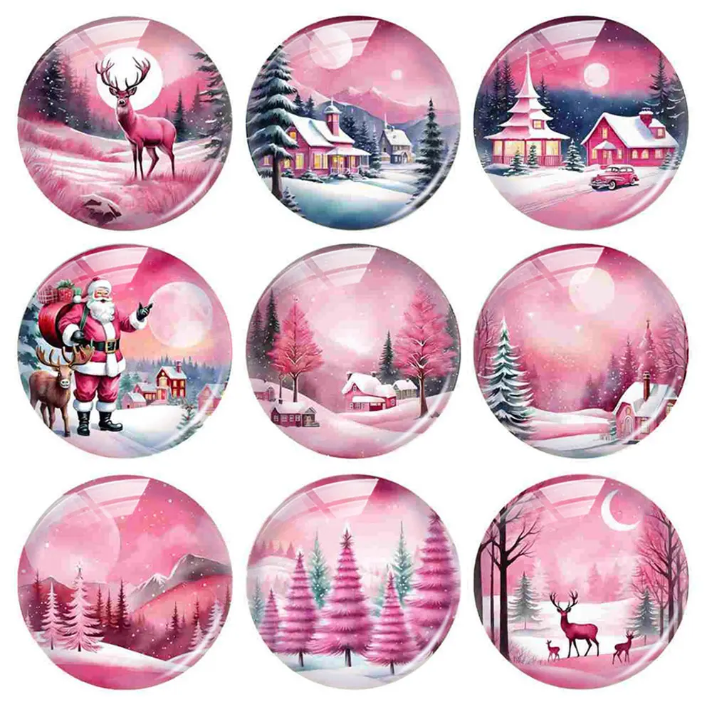 Handmade Pink Christmas X-mas Winter Santa Reindeer Tree Deer Photo Glass Cabochon Flatback Demo Cameo For Diy Jewelry Making