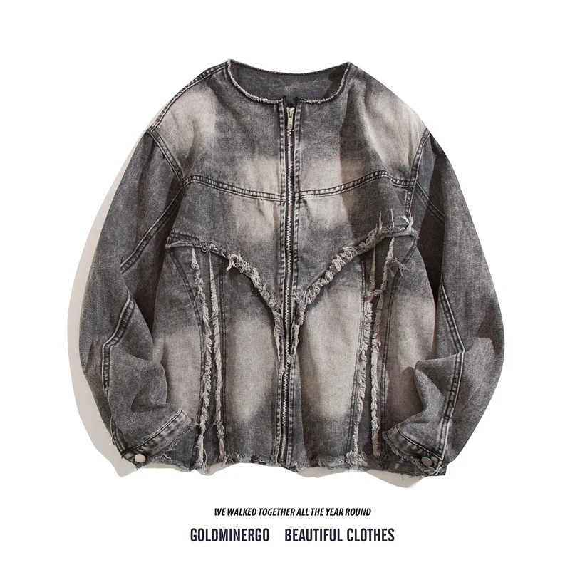 

Retro American Waed Tie Dye Denim Jaet Loose Casual ex Frayed Patchwork No Collar Zipper Closure Youth Jaet