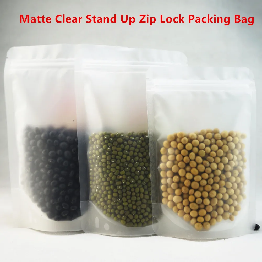 

100pcs Standing Up Matte Transparent PET Ziplock Bags / Re-closable Stand Plastic Pouches Frosted Surface Beef Jerky Packaging