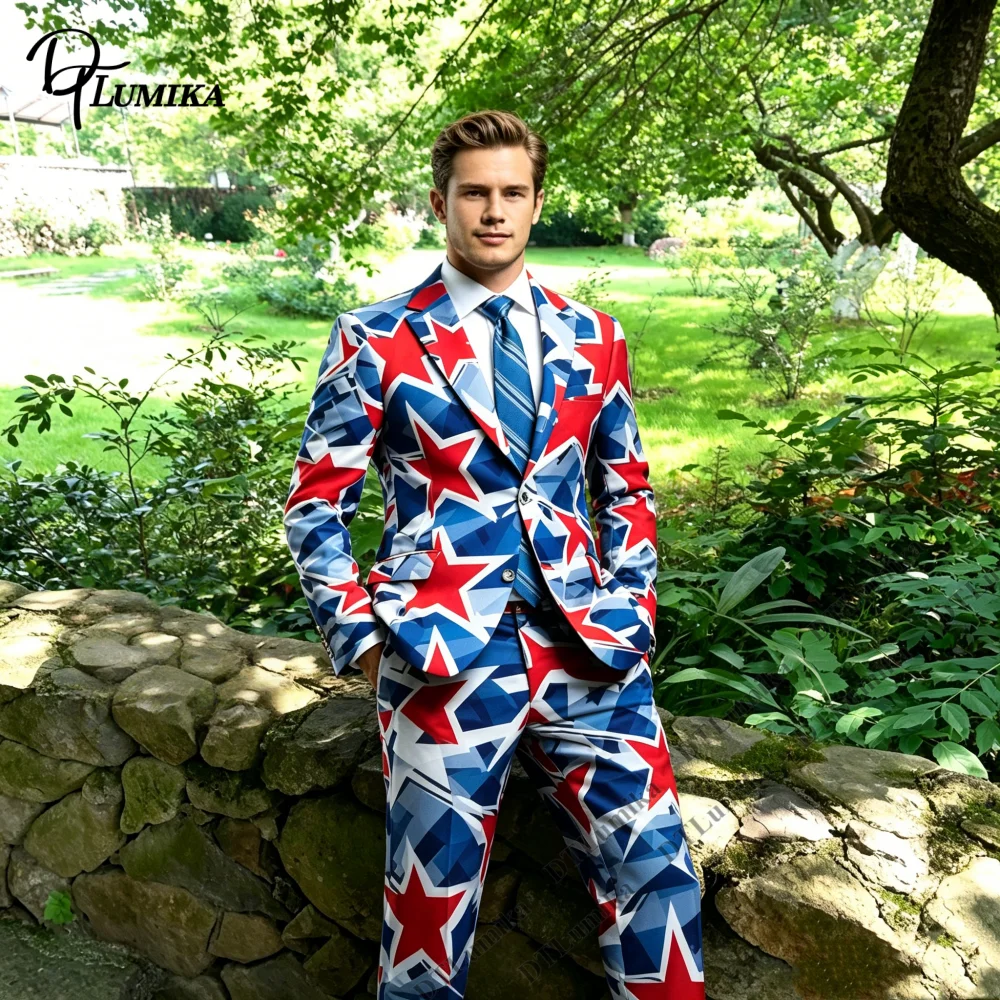 Star Print Color Block Men 2 Piece Suit Blazer Pants Set For Party Stage Performance US Dream One Button Smart Prom Suit Attire