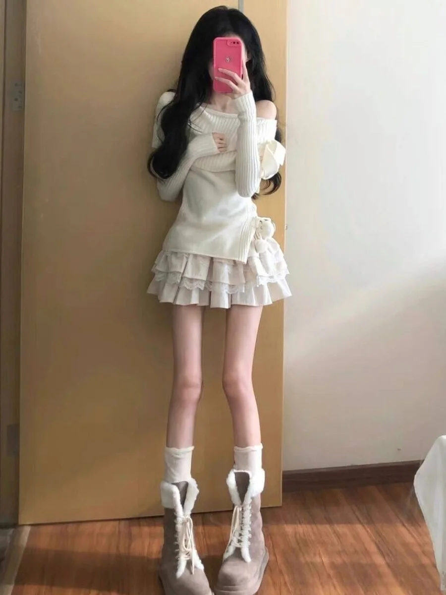 ชุดเซ็ตสองชิ้น ฤดูใบไม้ร่วง ฤดูหนาว ใหม่ล่าสุด เอวสูง สไตล์บริสุทธิ์ กระโปรงทรงเค้ก ดีไซน์หวาน  เสื้อไหมพรมเปิดไหล่ข้างเดียว กระโปรง  เสื้อและกระโปรง