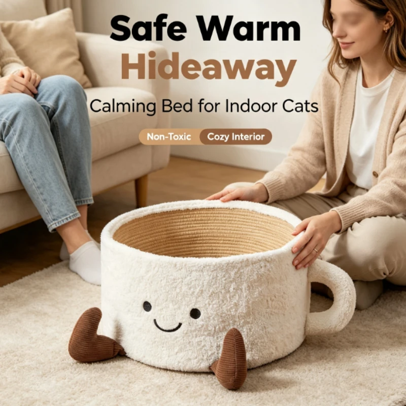 Creative Coffee Cup Pet Bed With Plush Exterior And Braided Interior Soft Fabric Finish For Living Room Bedroom Cozy Nap Use