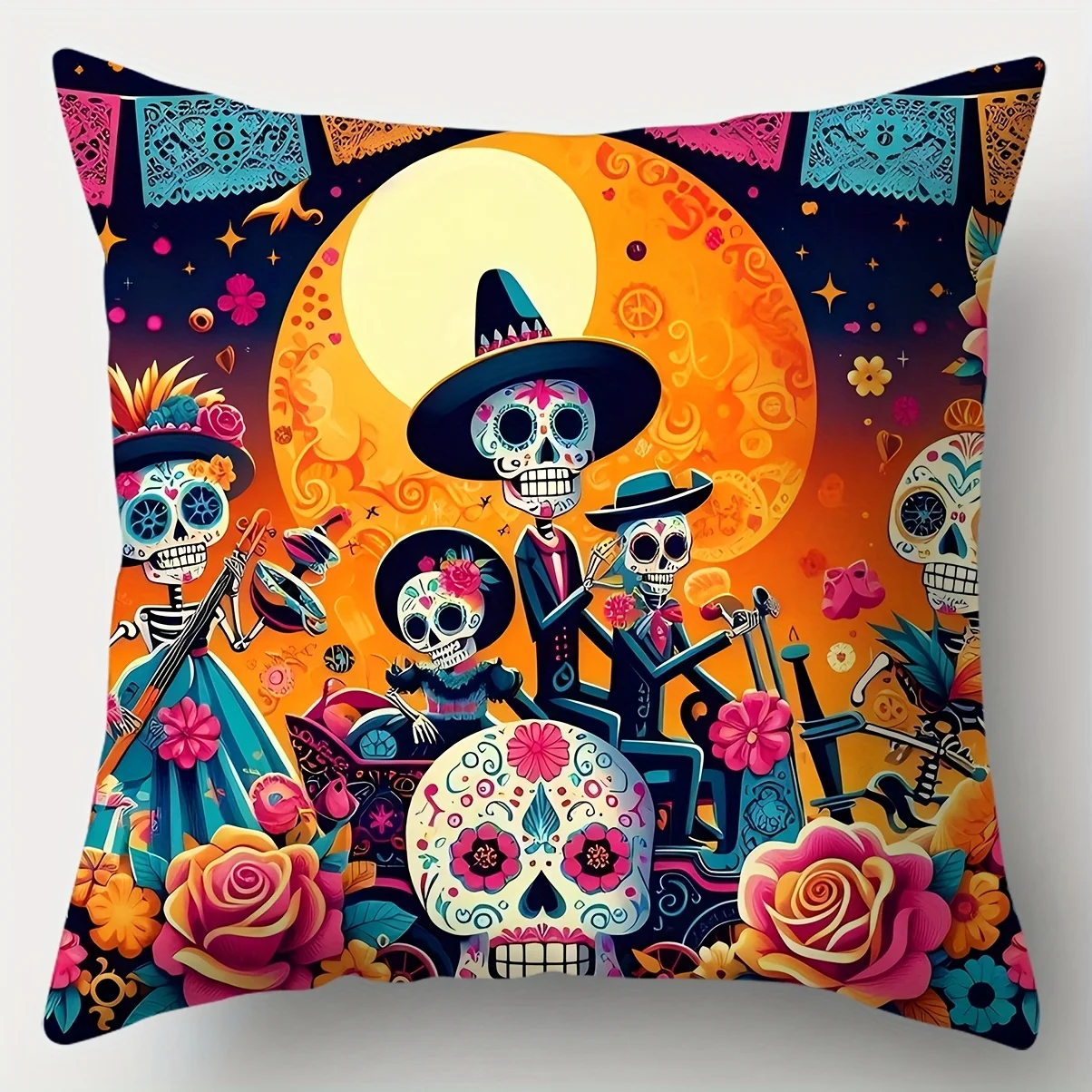 Mexican Holiday Pillow Covers with Skull Pattern, Mexican Day of the Dead Pillowcase  One-Sided Print