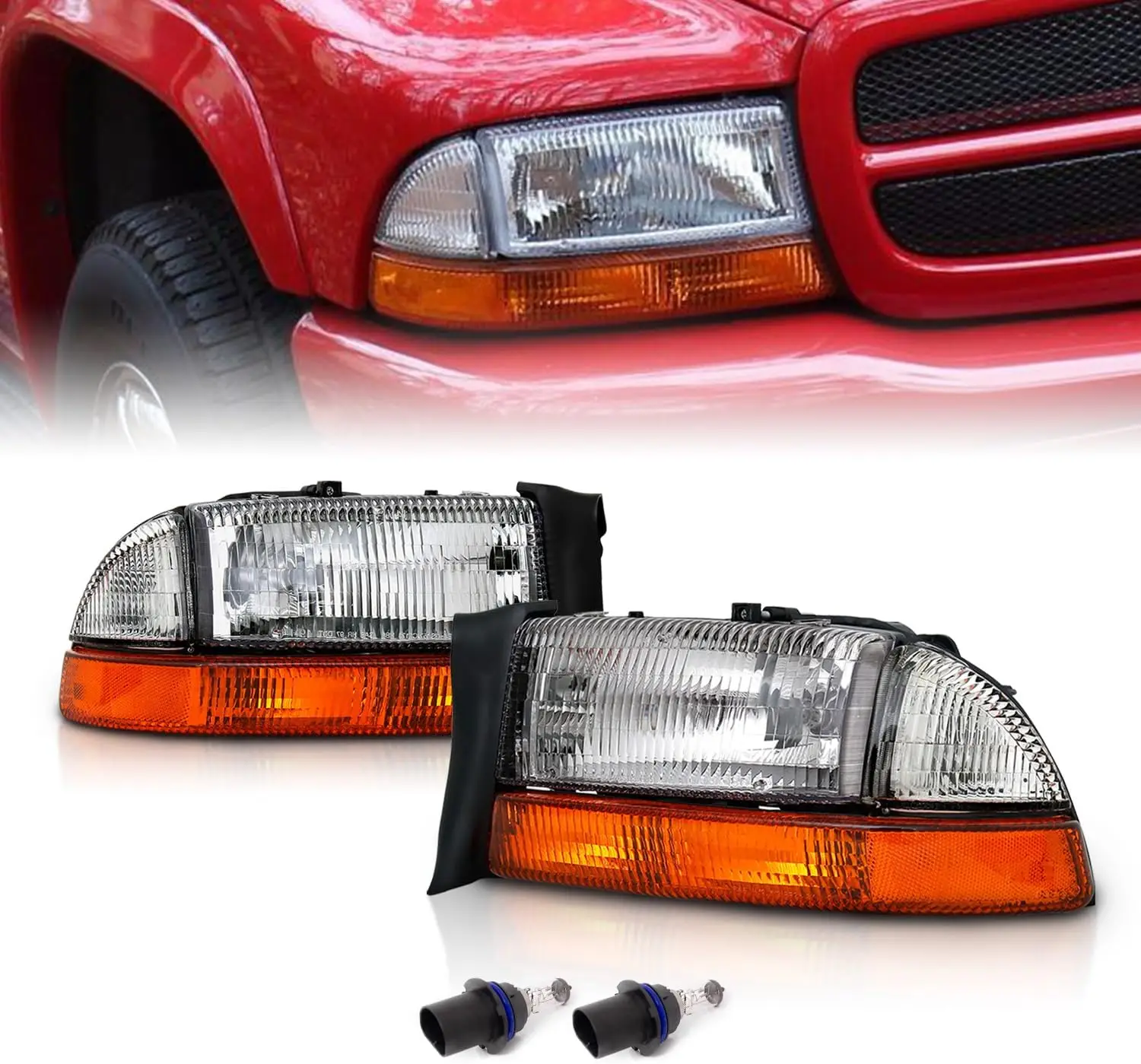 

for 1997-2004 Dodge Dakota/Durango Chrome Replacement Headlights 4Pc Sets Parking Turn Signal (Pair) w/Mounting Bracket