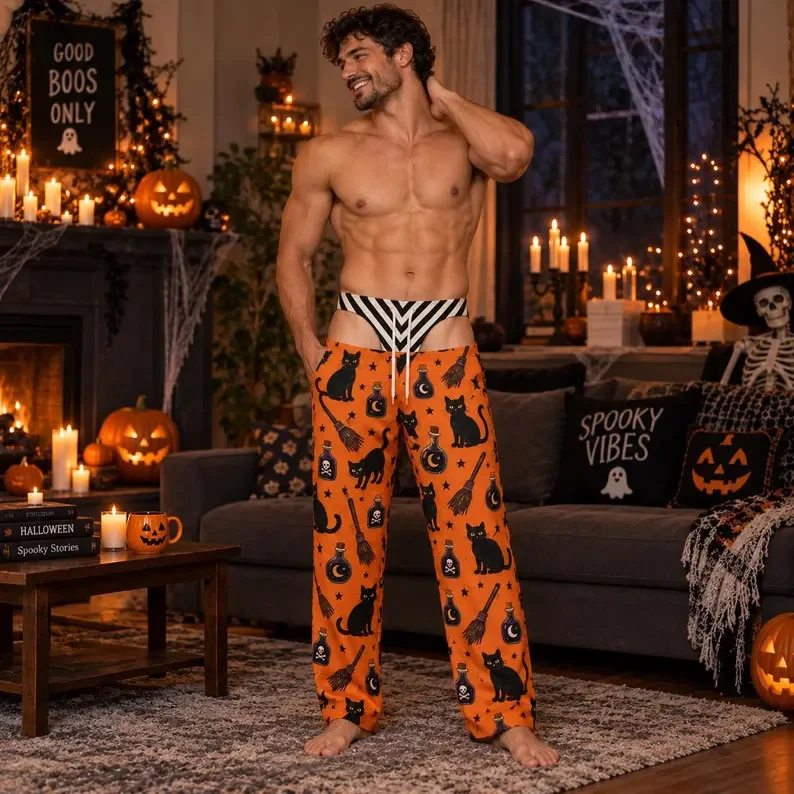 Pantalon ample décontracté pour homme, amusant, à imprimé intégral orange d'Halloween, motif chat noir, bouteille magique, balai, retour en arrière, idéal pour les fêtes et les occasions spéciales.