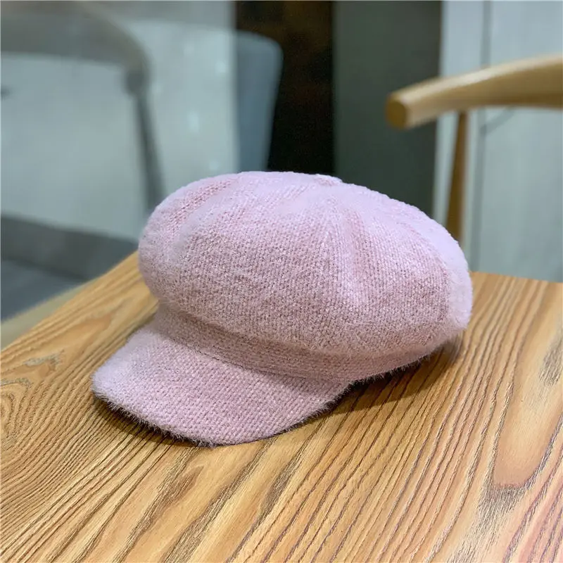 Mink Fur Octagonal Hat Baseball Cap for Women Spring Solid Color Warm Adjustable Pumpkin Beret Mountaineering Outdoor Chapeau image 3