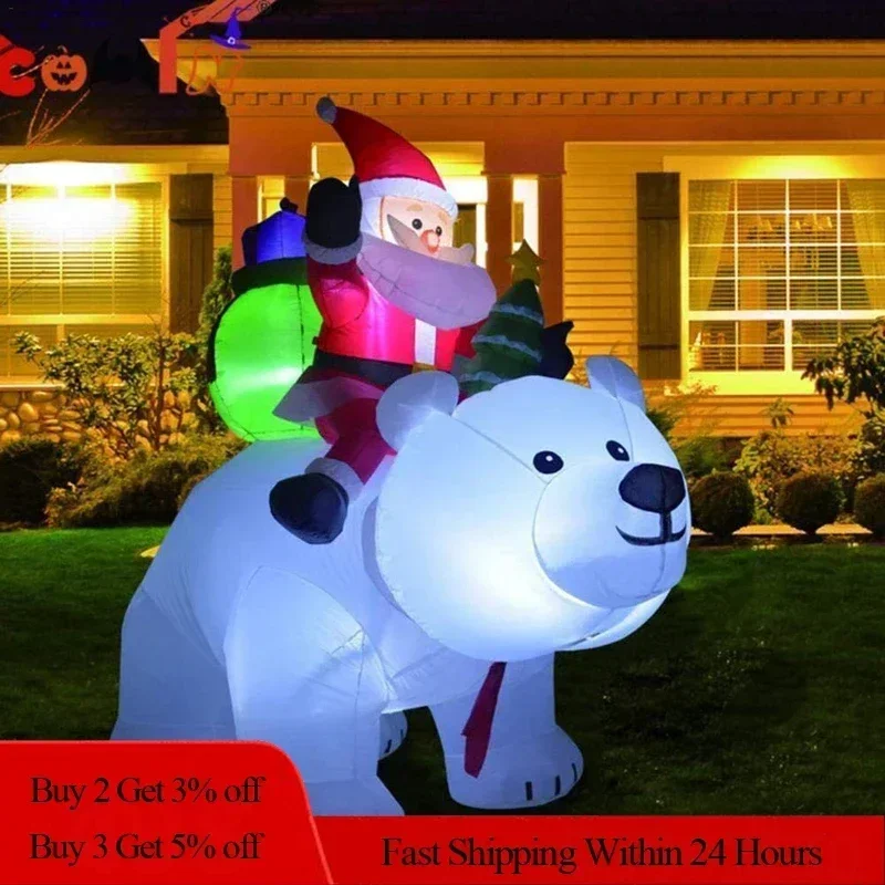 Xmas Inflatable ตกแต่ง Santa Claus ขี่หมีขั้วโลกไฟ LED Inflatable ตุ๊กตาของเล่นปีใหม่คริสต์มาสตกแต่งสวนกลางแจ้ง