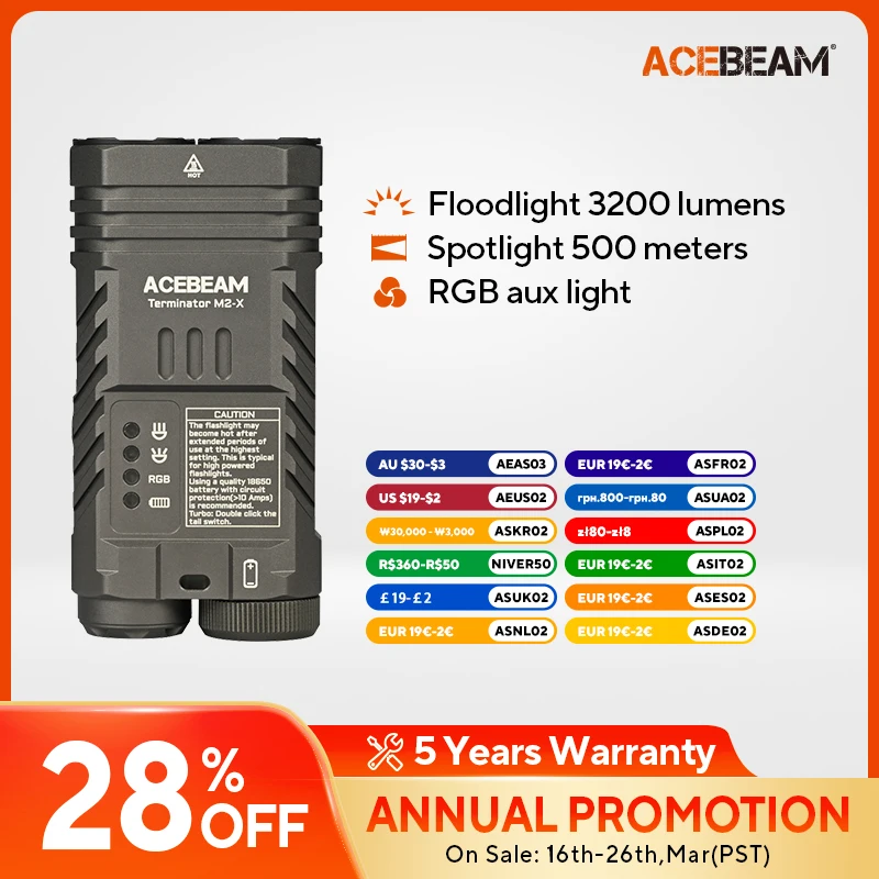 ACEBEAM Terminator M2-X Multi-lichtbronnen EDC-zaklamp, ondersteunt spotlight/schijnwerper/beide, 3200LM 500M, RGB-licht