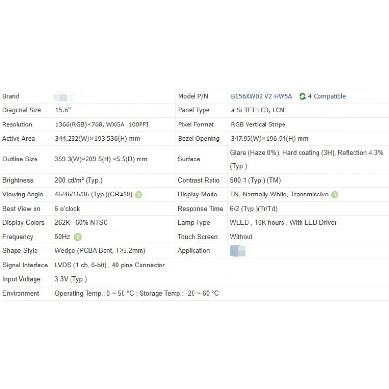 B156xw02 V2 hw5a nova tela LCD original de 15,6 polegadas
