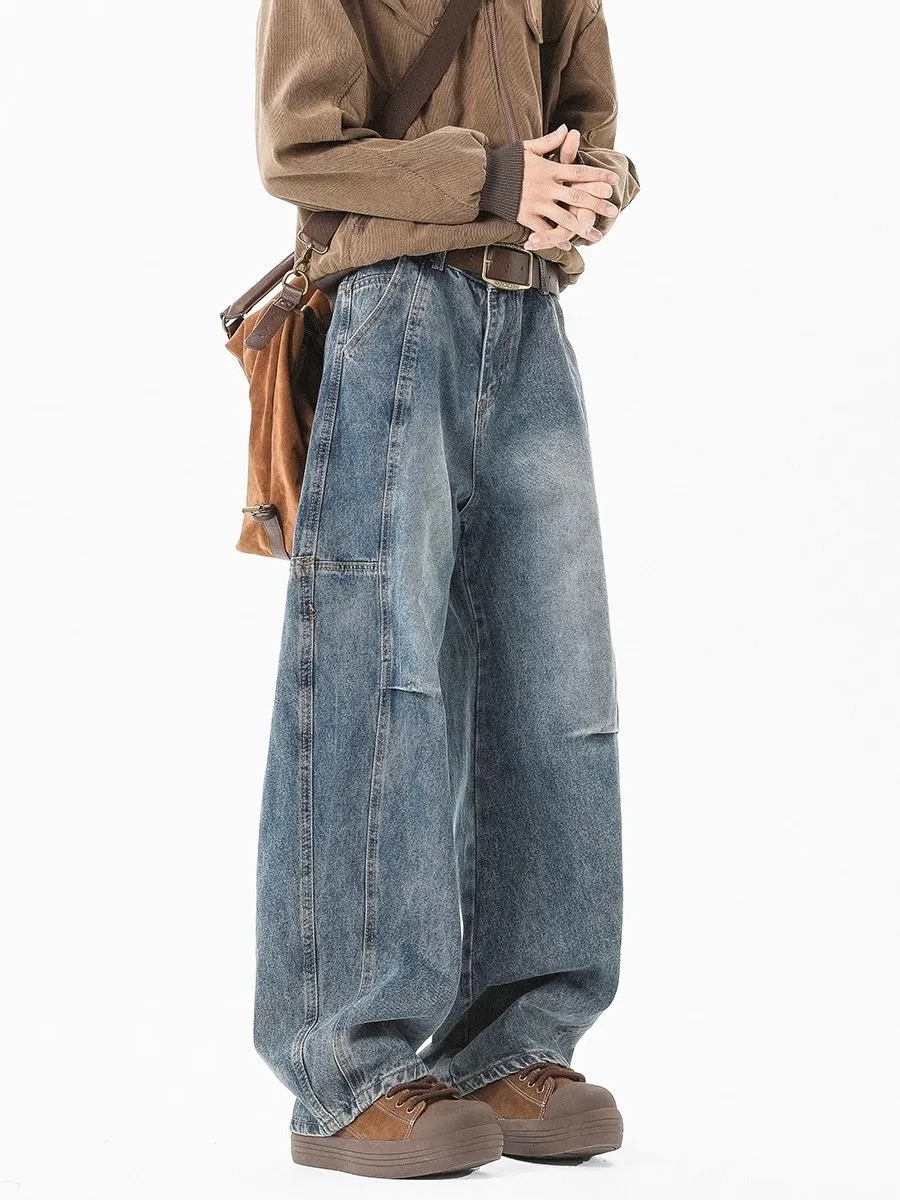 

Мужские джинсы свободного кроя с широкими штанинами в американском ретро-стиле, деконструированный дизайн, весна 2025, модные молодежные длинные брюки