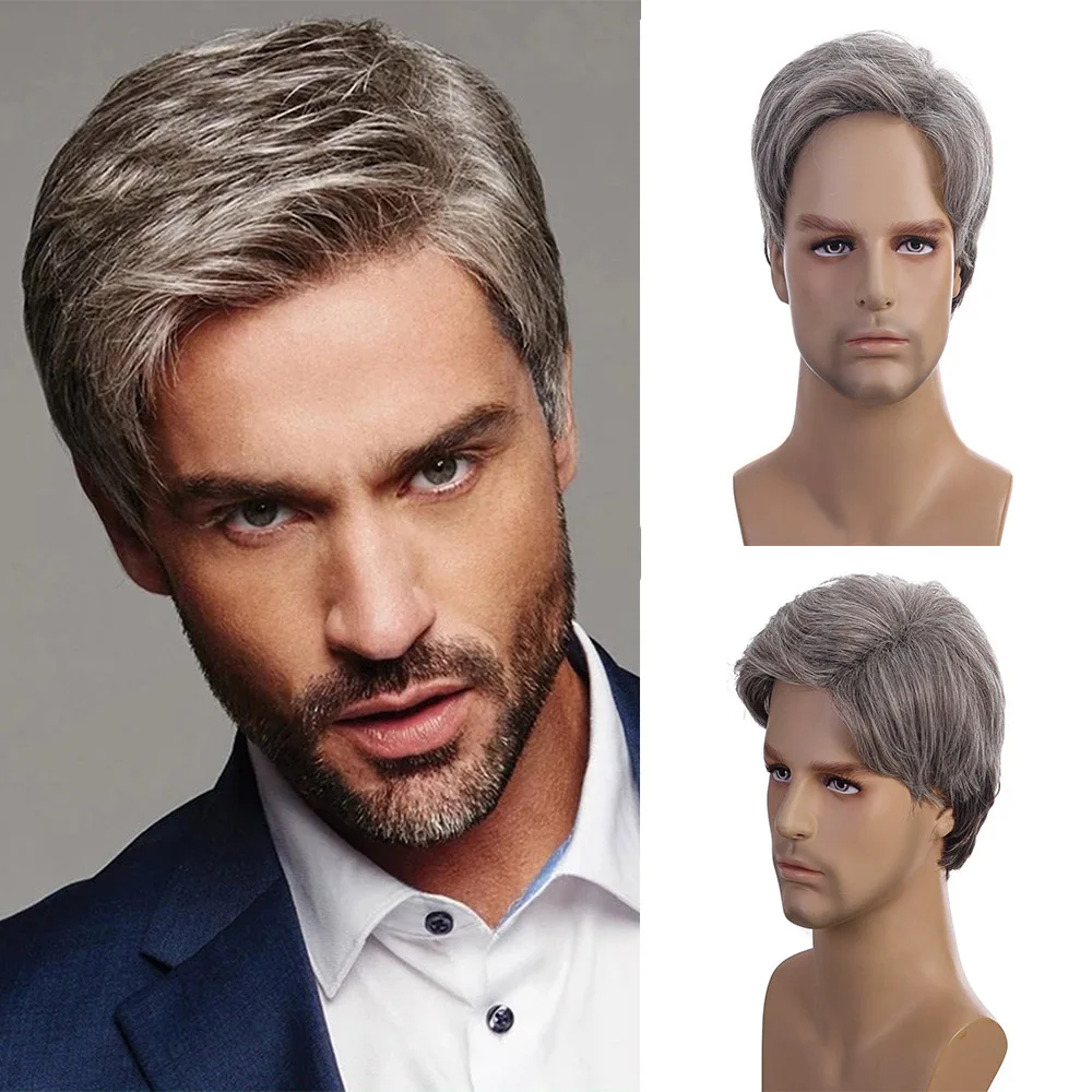 Men Short Curly Synthetic Wig Ombre Grey Brown Wig for Men\'s Hair Daily Realistic Natural Wigs