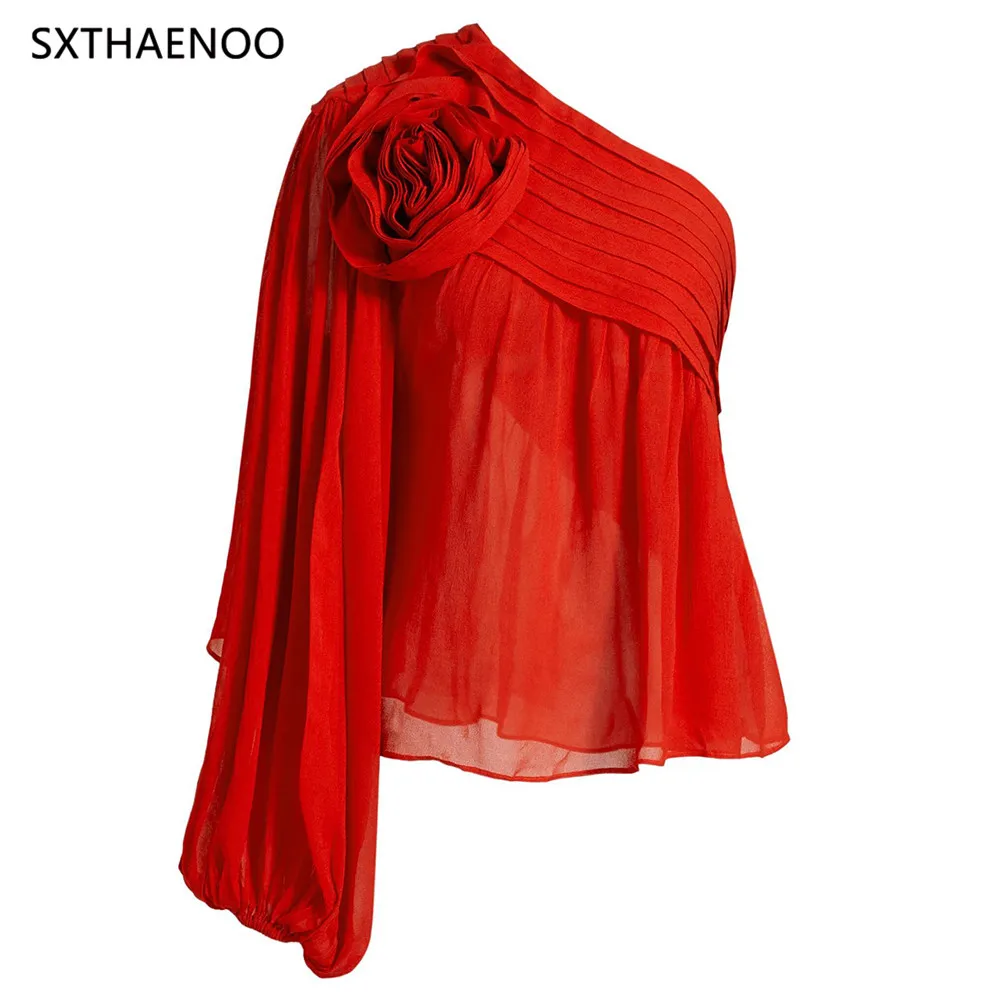 SXTHAENOO European and American Style 2025 New 3D Flower Splicing Single Shoulder Sleeve Solid Color Patchwork Shirt For Women