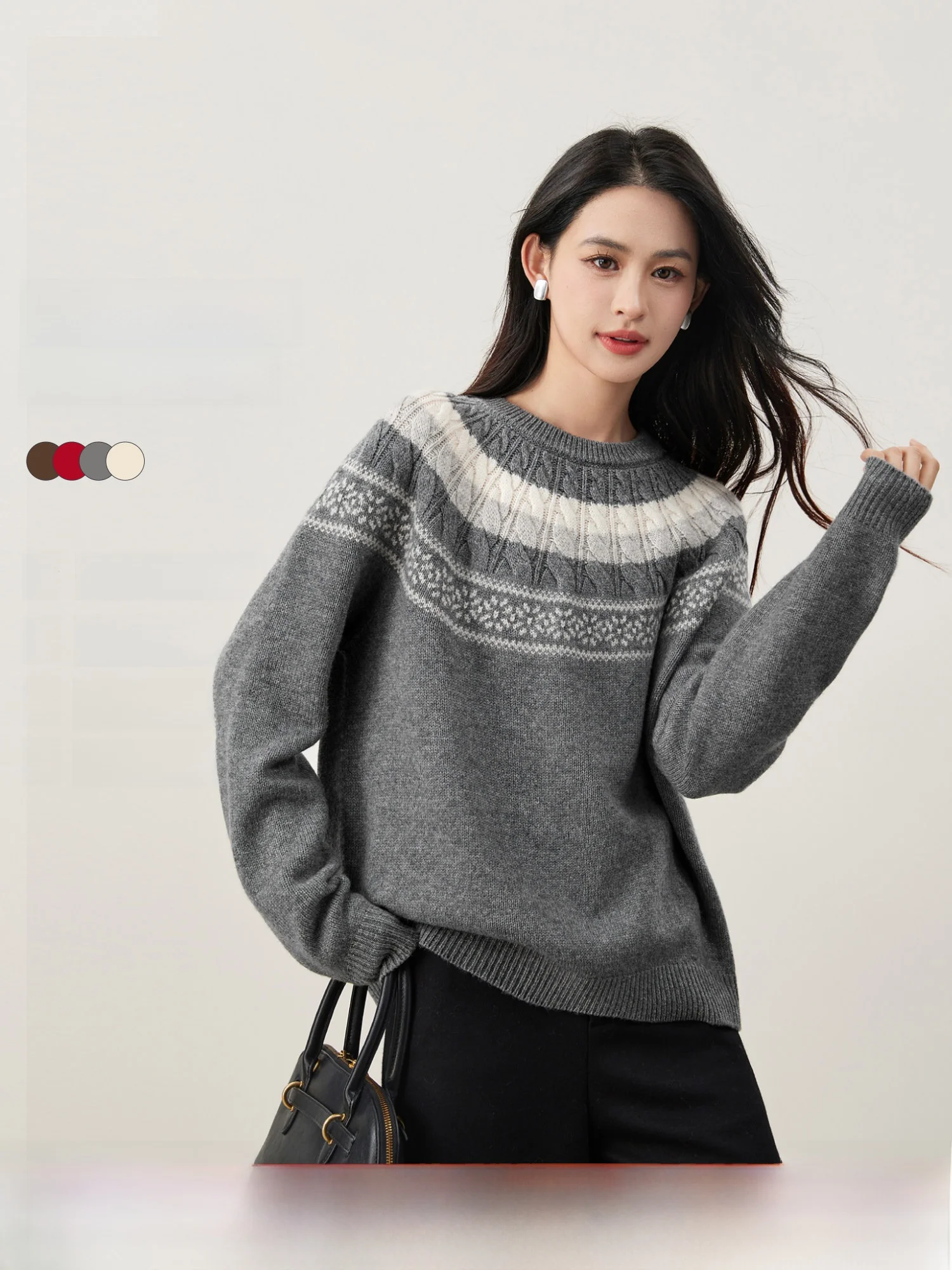 

Женский вязаный свитер в скандинавском стиле Fair Isle, 100% шерсть, круглый вырез, без кисточек, удлиненный, повседневный, мягкий, в американском стиле