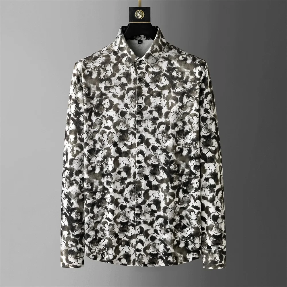Luxury printed shirt men\'s long-sleeved casual shirt fashionable street Korean high-end sense oversized comfortable men\'s XS-6XL