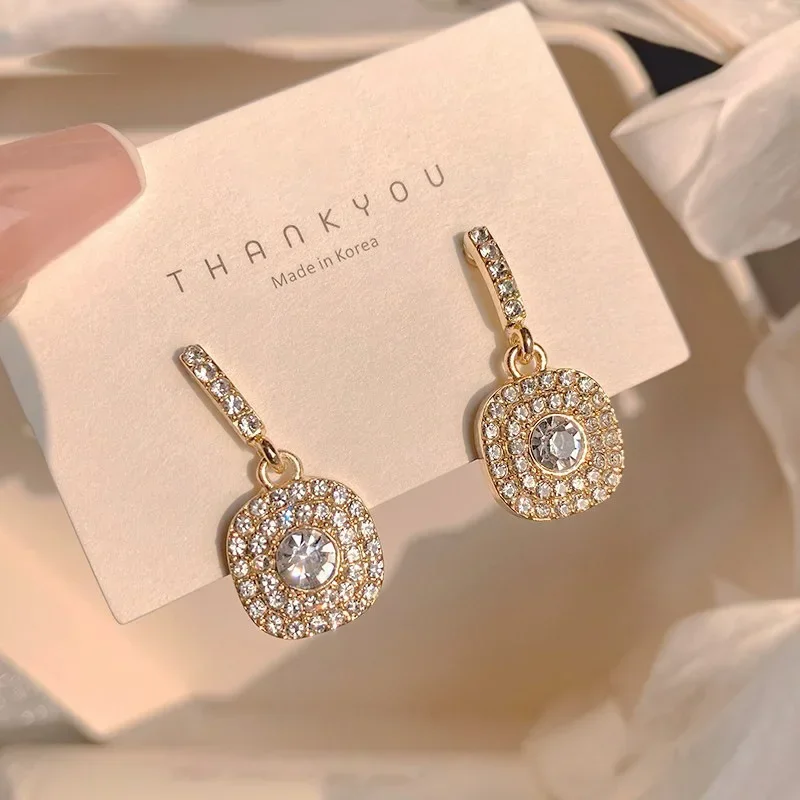 Simple Full Rhinestone Crystal Square Geometry Drop Earring for Women Sweet Jewelry Wholesale Accessory Girlfriend Gift