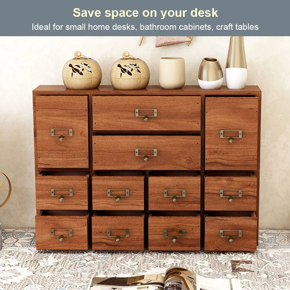 

12 Drawer Desk Drawer Organiser with Label Slot & Metal Handle Small Stationery Storage Rack Library Card Catalog Cabinet