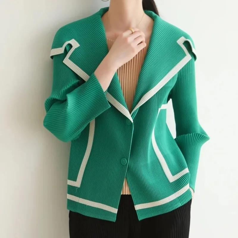 Patchwork Pleated Colorblock Women's Jackets Sailor Collar Single Breasted Elastic Loose Long Sleeve Coat Chic 2TUA5
