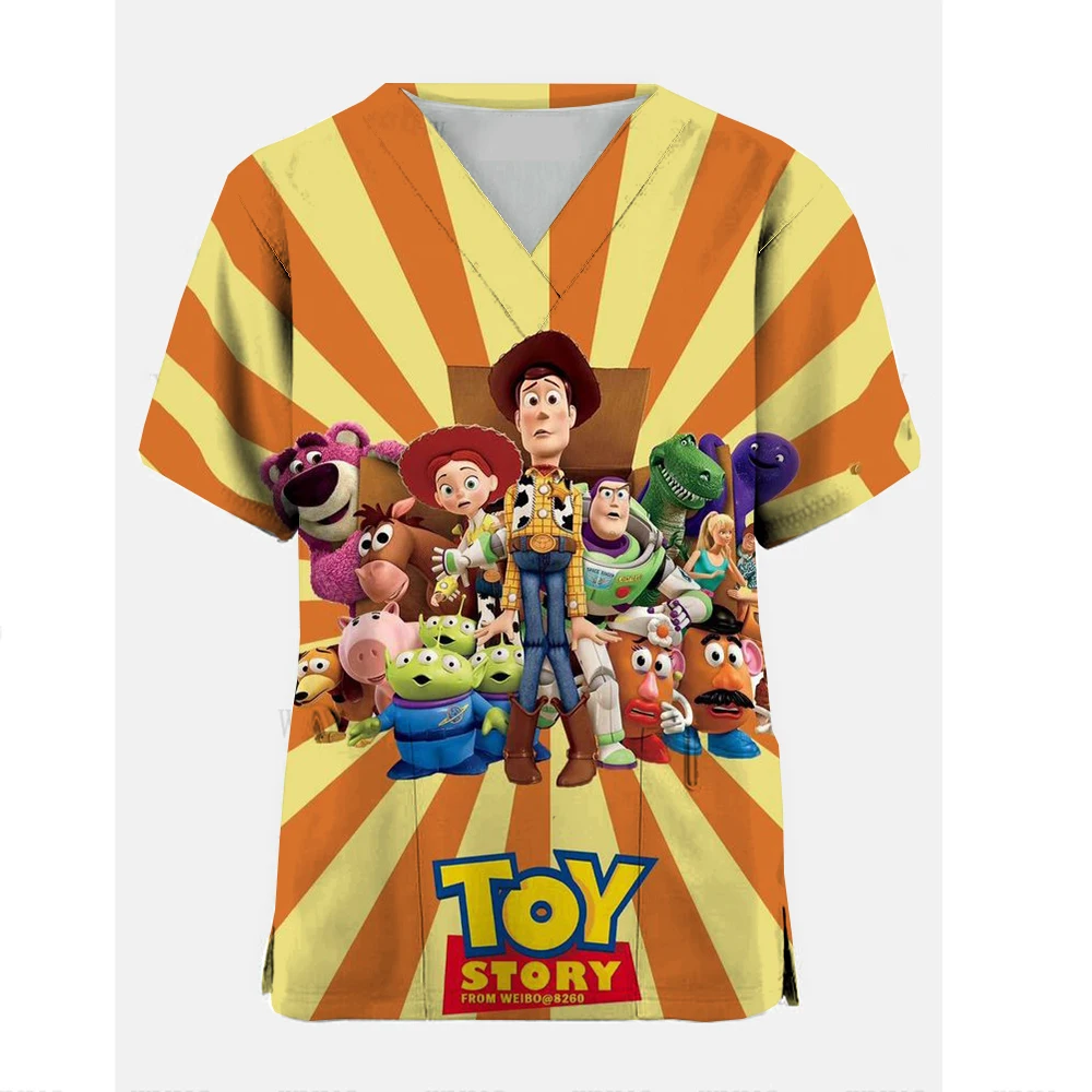 Toy Story 4 Clinic Hospital Nurse Workwear 3D Printing T-shirt Women's V-neck Pocket Medical Clothing Nursing Top Work