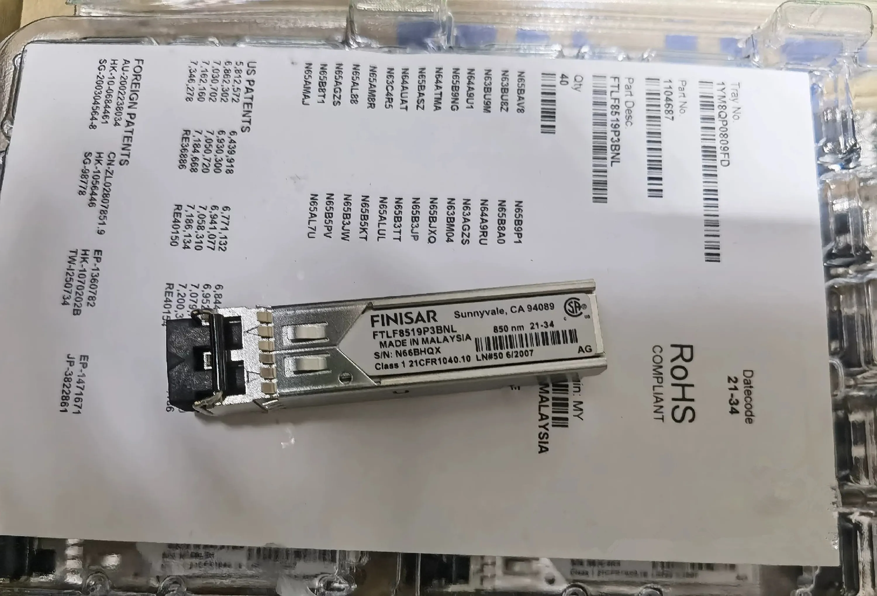 Original New FTLF8519P3BNL Finisar SFP Transceiver 1.25G 850NM 1G ESFP Optical Fiber