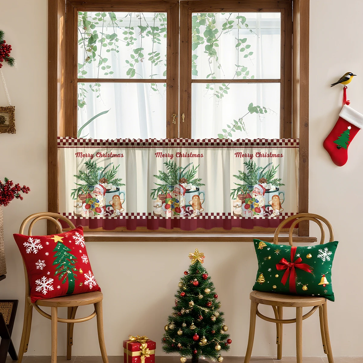 1 Piece of Santa Claus Food-Themed Kitchen Curtain, Beige Background with Christmas Creative Pattern Design, Suitable for Decorating Small Curtains in Kitchens, Cafes, Etc