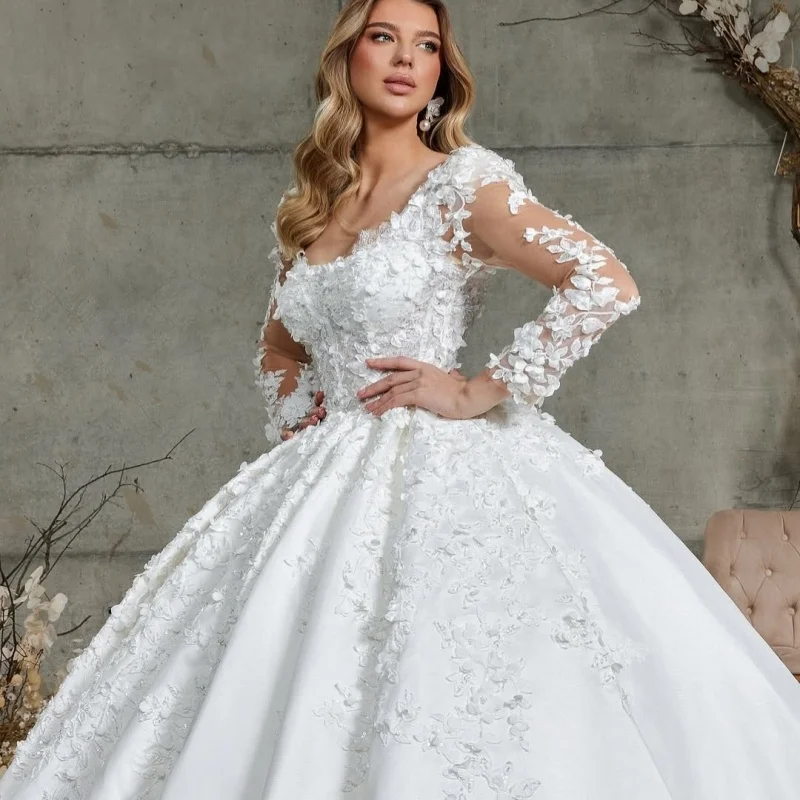 

White Appliques Wedding Dresses off-shoulder puff skirt flower decal long sleeves Gowns Made wedding dress Customized