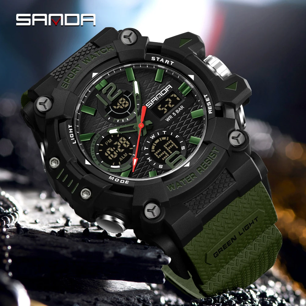 SANDA New Luxury Men's Electronic Watch Sports Multifunctional Waterproof LED timing Fashion Men's Electronic Watch Alarm