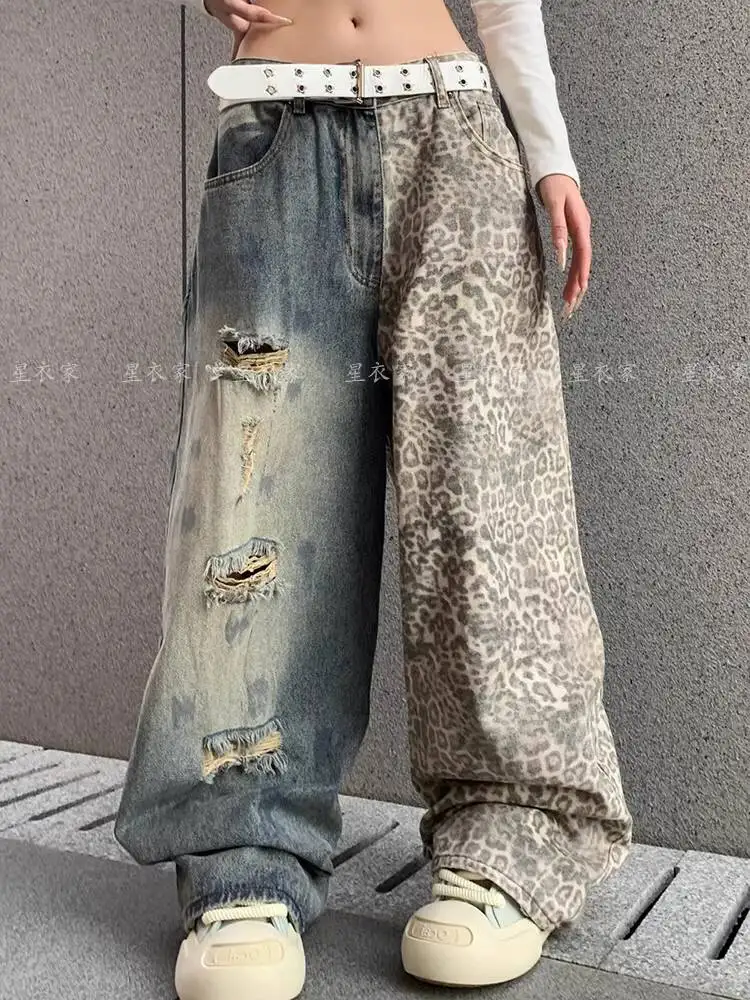 

Unisex Jeans 2026 Spring Women's Vintage Washed Ripped Jeans Leopard Print Patchwork Fashion High Waist Floor Length Pants