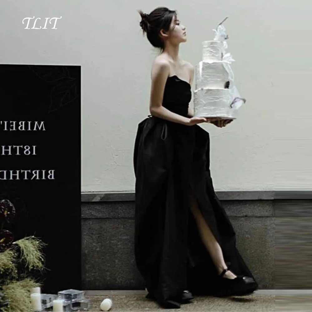 TLIT Simple Black Taffeta Evening Dress Strapless High Side Split Prom Gown Korea Wedding Dress Photo Shoot 이브닝 드레스 Customized