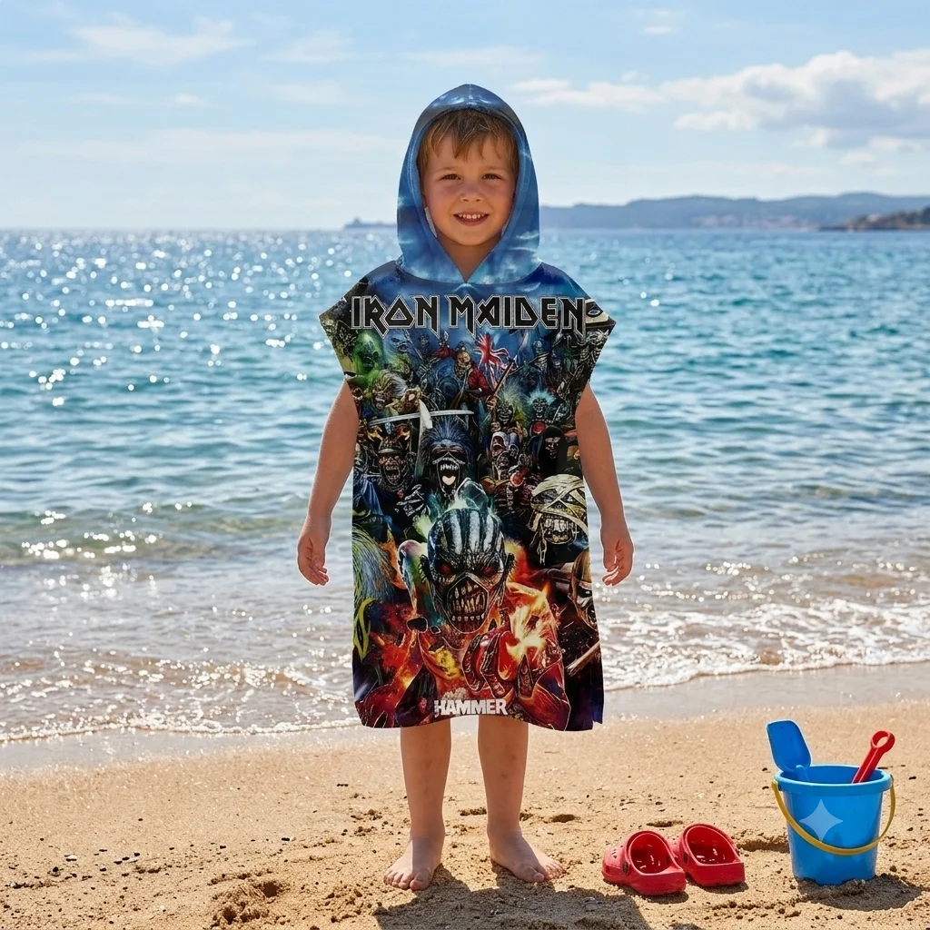 Kids I-Iron M-Maiden E-Eddie Skull Hooded Poncho Towel Heavy Metal Rock Quick Dry Beach Changing Robe Cool Stuff for Pool Gift