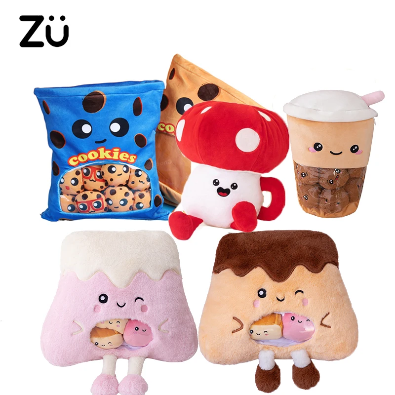 Boba Tea Cookies Plush Toy Cute Fluffy Snacks Plushies Pudding Cake Alien Hug Pillow Birthday Gift Sofa Home Decorative Pillow