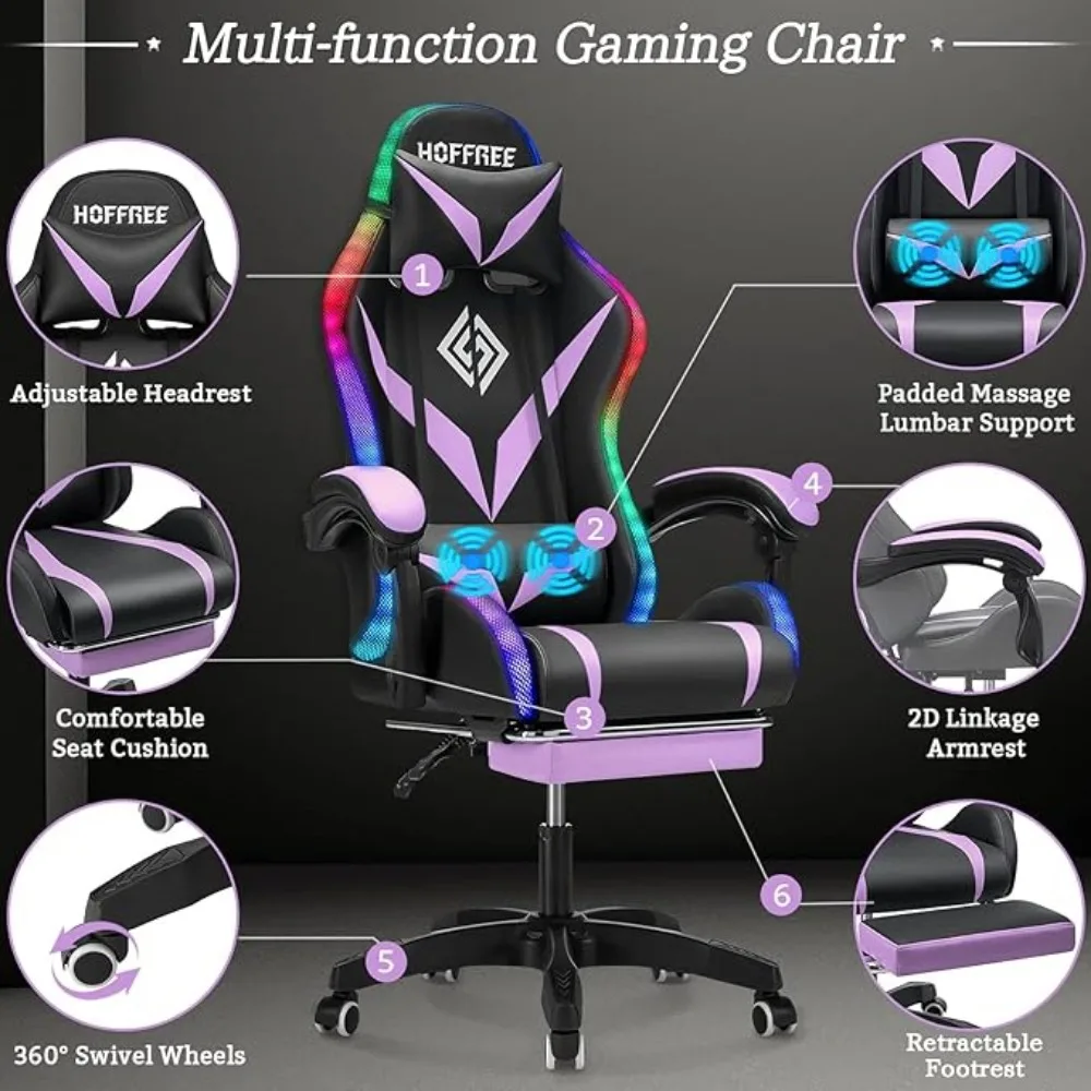 Gaming Chair with Massage and LED RGB Lights Chair with Footrest High Back Video Game Chair with  Linkage Armrest Gaming Chairs image 6