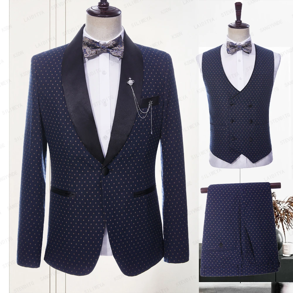 

Fashion Dot Pattern Men Suits Shawl Lapel Navy Blue Slim Fit Male Suit Business Party Prom Wedding Groom Chic Blazer 3 Piece