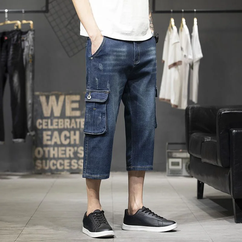 Cargo Man Denim Shorts Knee Length Half Long Bermuda Short Jeans Pants for Men with Pockets Blue Luxury Jorts Thin Streetwear Xl