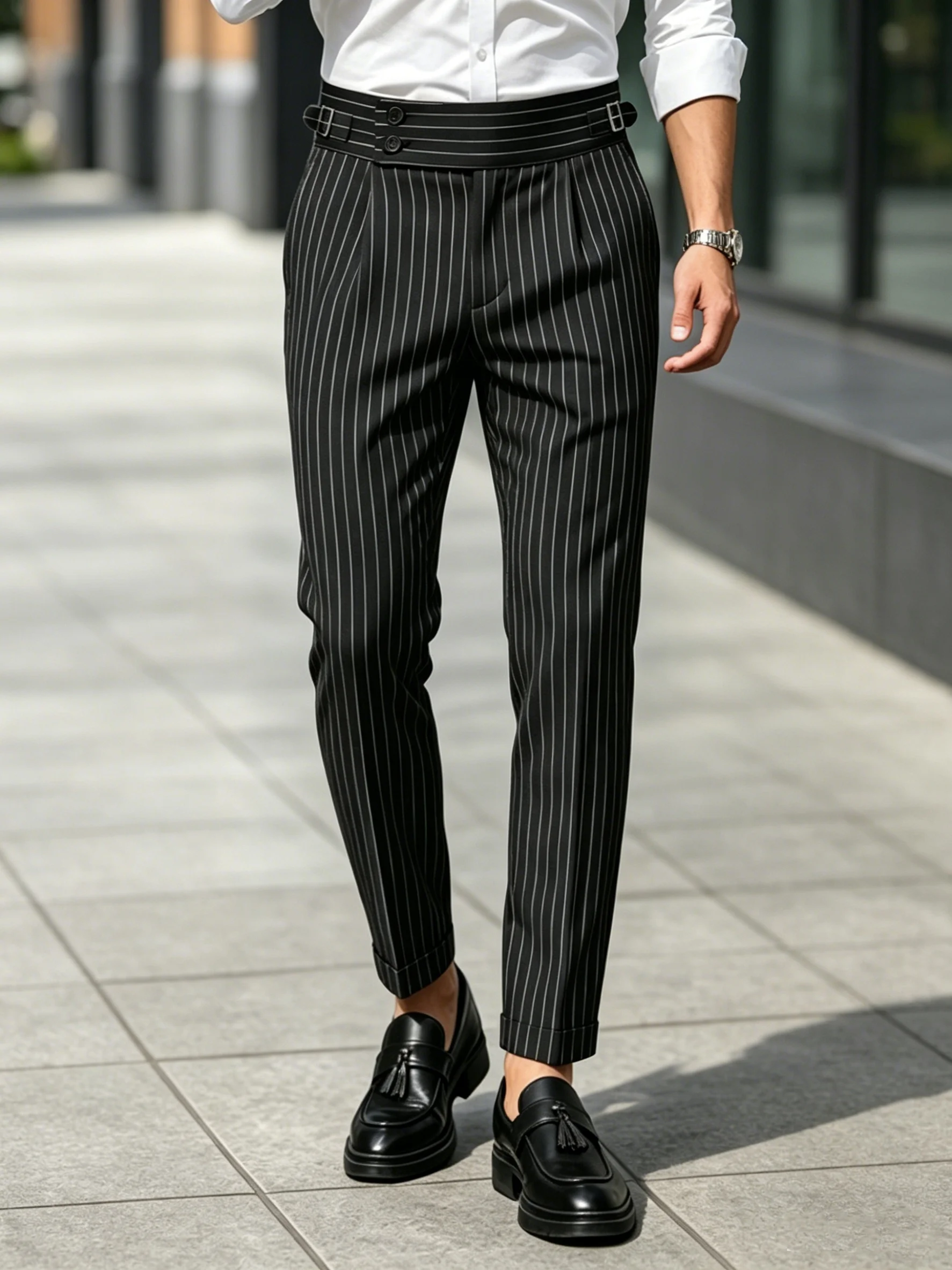 Men's Retro Black Business Casual Striped High-Waisted Straight-Fit Trousers with Drape Effect