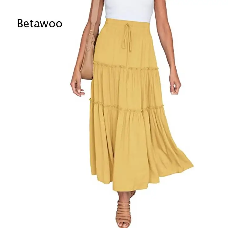 Women High Waist Midi Skirt Bohemian Style A Line Pleated Flowy Skirt Lightweight Solid Color Bottoms For Vacation And Daily Ma