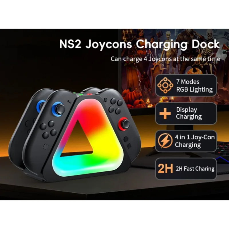 

For SWITCH2 Vibrant Docking Station for NS2 Joy-Con, 4-in-1 Fast-Charging Triangular Base
