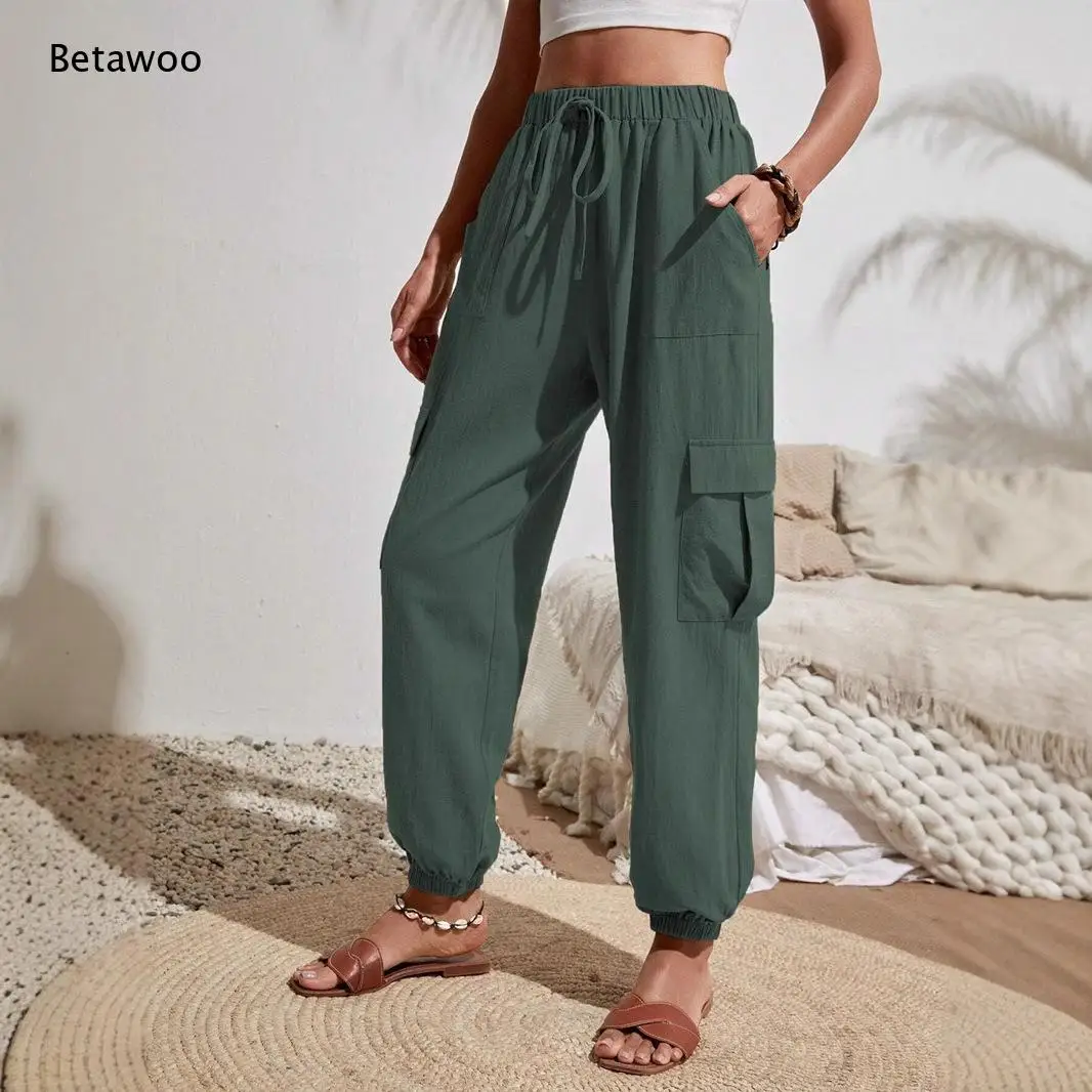 Women Drawstring Elastic Waist Cargo Jogger Pants Multi Side Pockets Lightweight Casual Trousers Multiple Solid Colors